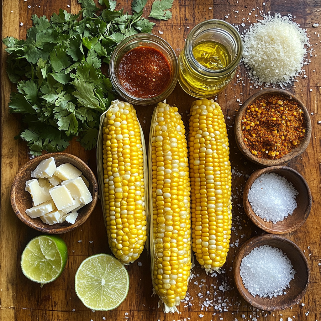 Ingredients for corn ribs recipe: fresh corn on the cob, olive oil, chili powder, garlic powder, parmesan cheese, cilantro, parsley, and lime wedges on a rustic countertop.
