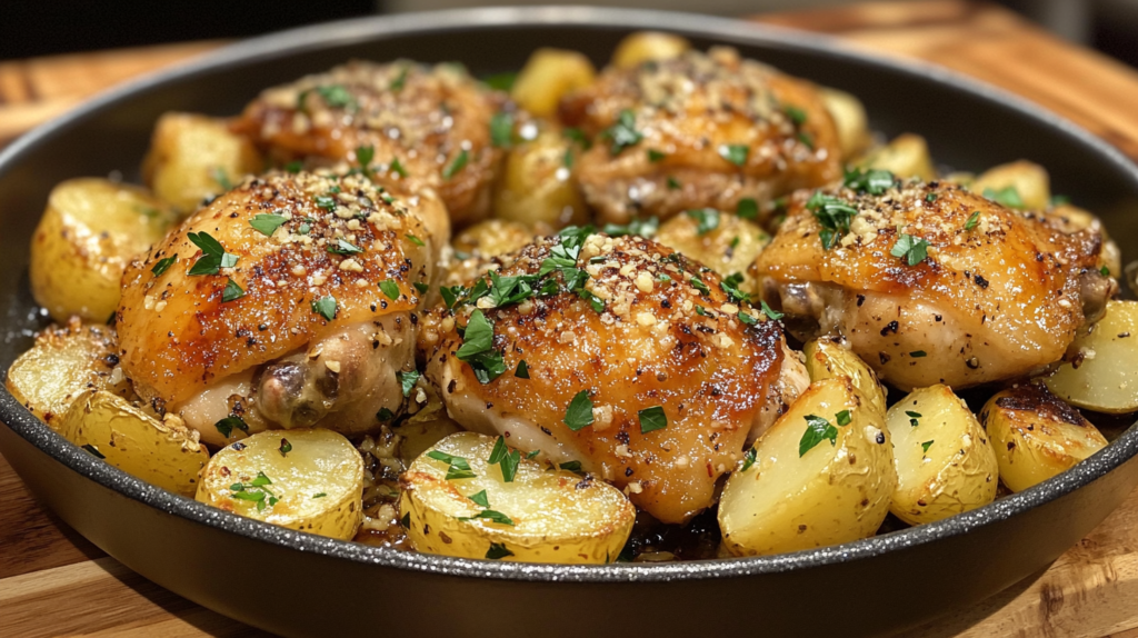 Garlic Parmesan Chicken and Potatoes baked to perfection in a one-pan meal, garnished with fresh parsley and served with crispy, golden potatoes