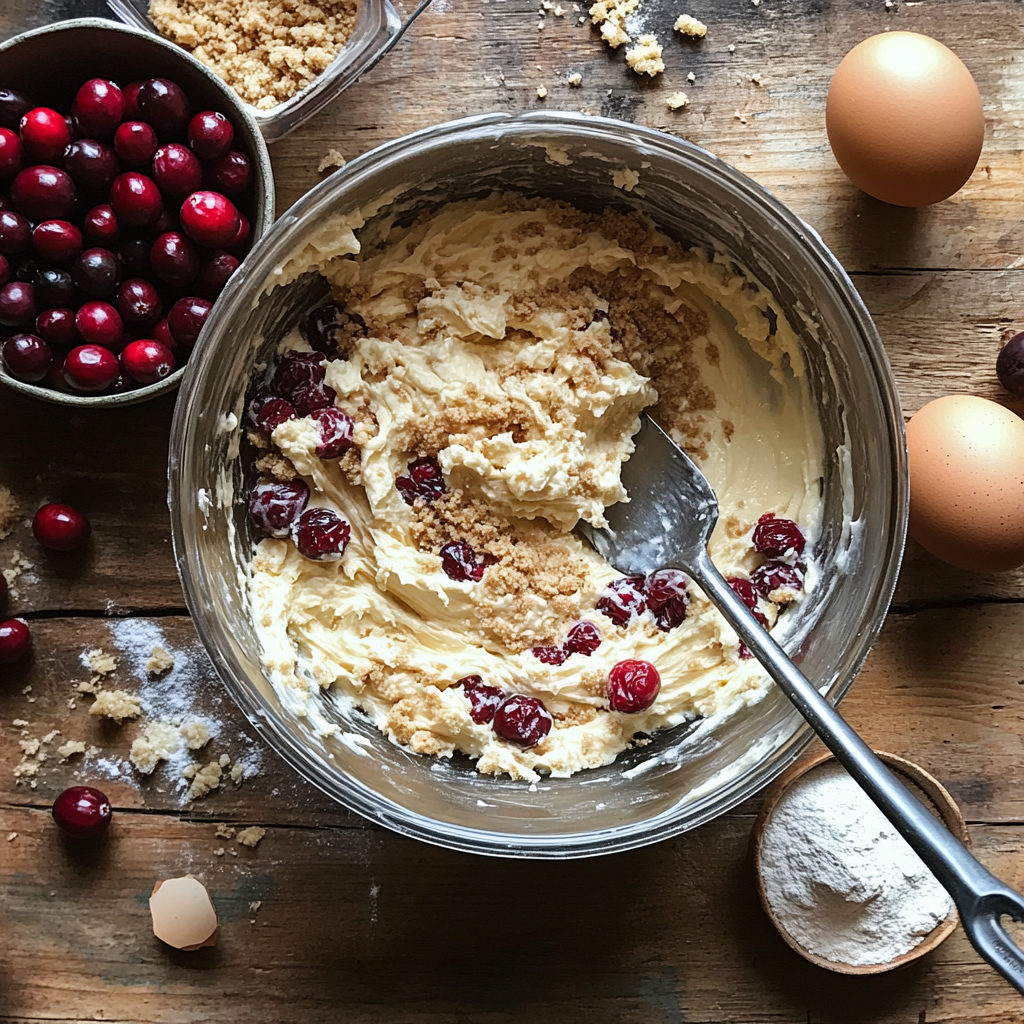 Freshly baked Cranberry Coffee Cake cut into squares, showing vibrant cranberries and a golden streusel topping on a white plate with a cup of coffee