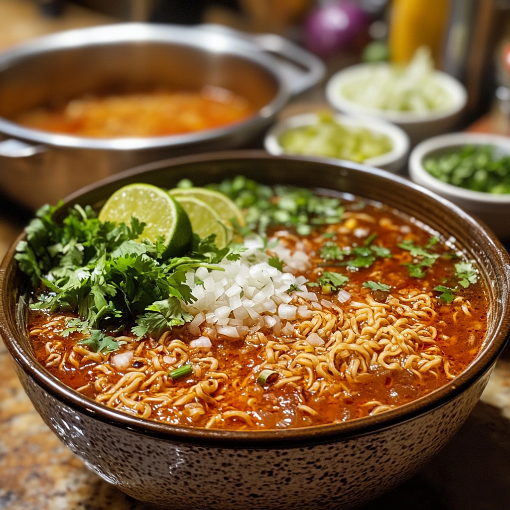 Assembling Birria Ramen with noodles being placed in a bowl, surrounded by birria broth, lime wedges, and fresh toppings in a home kitchen setting.
