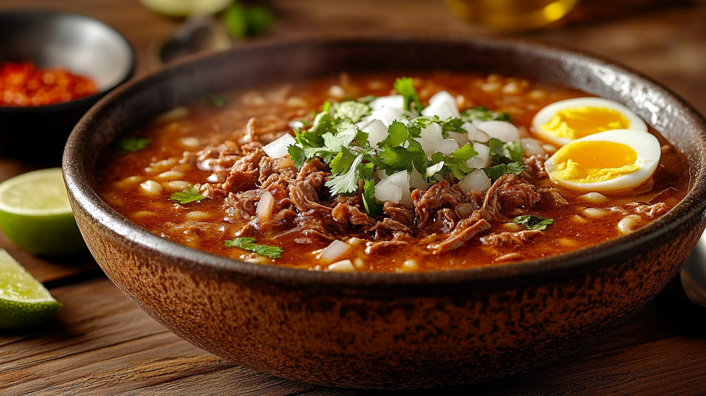 A bowl of Birria Ramen topped with shredded beef, fresh cilantro, onions, lime wedges, and a soft-boiled egg, showcasing the final dish.