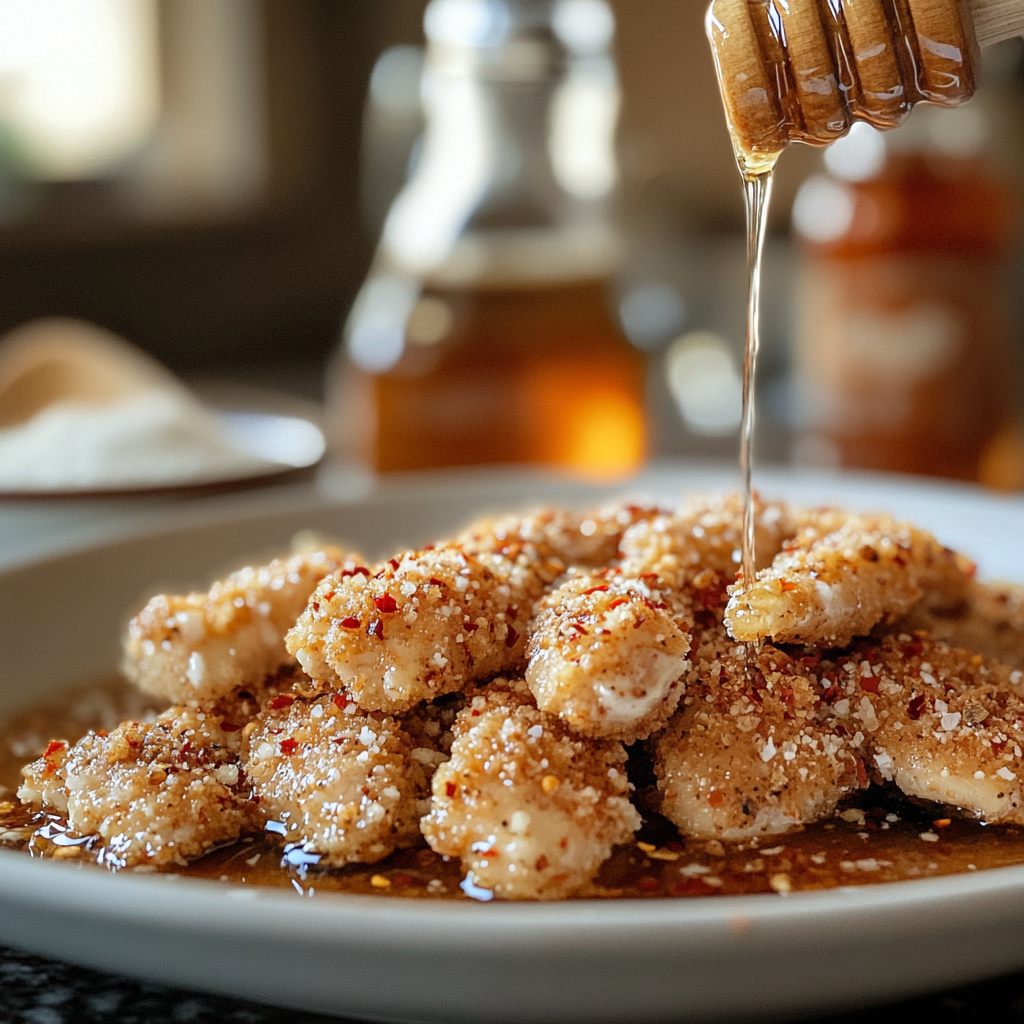 Hot Honey Chicken preparation with breaded chicken dipped in buttermilk, seasoned flour, and honey in the background on a rustic kitchen counter.
