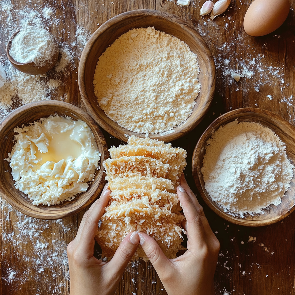 Homemade breading station for crispy fish tacos with bowls of flour, eggs, and breadcrumbs, showcasing the fish coating process.