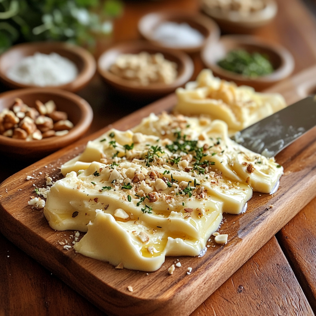 Close-up of a butter board in progress, with butter being spread on a wooden board and small bowls of toppings like honey, nuts, and herbs in the background.
