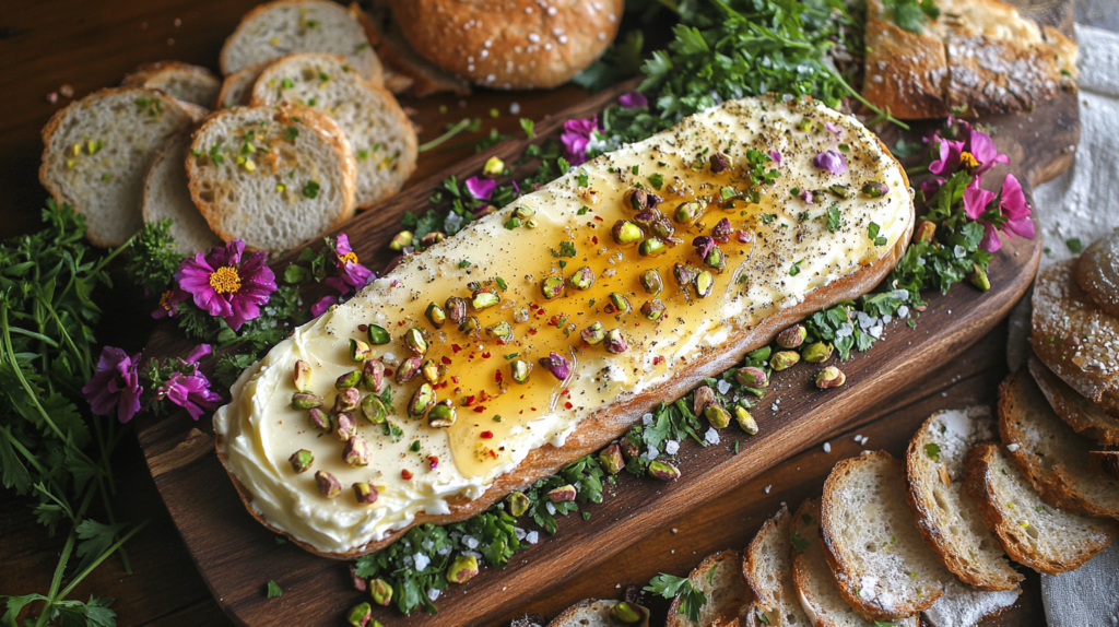 A finished butter board topped with softened butter, honey, crushed pistachios, fresh parsley, sea salt, and edible flowers, surrounded by sourdough bread and crackers.