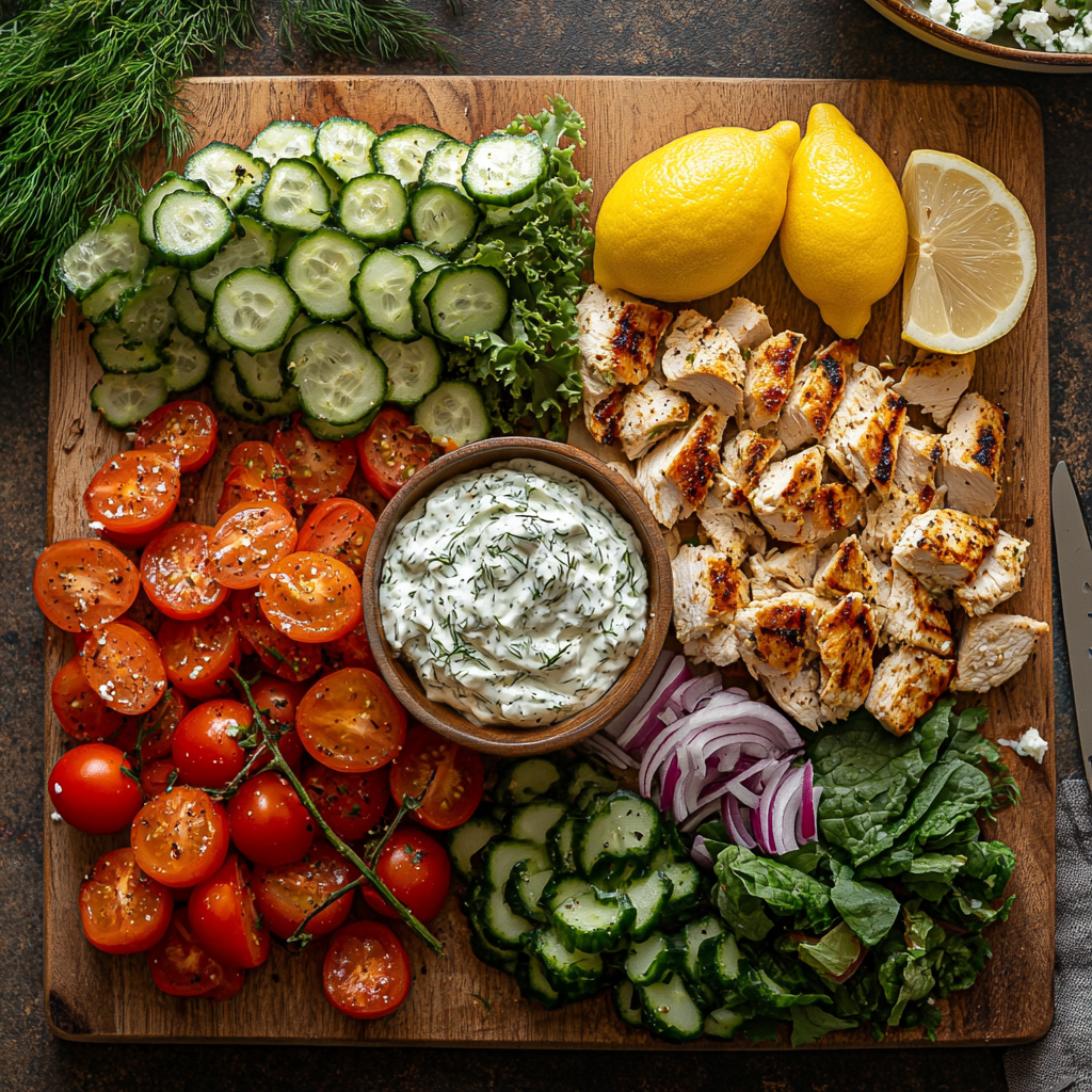 Ingredients for tzatziki sauce, including cucumber, Greek yogurt, dill, garlic, and lemon, arranged around a bowl of freshly made tzatziki sauce on a wooden counter 