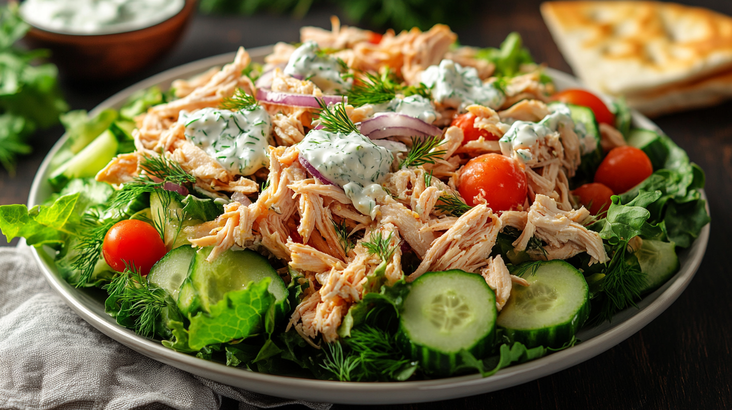 Chicken salad with tzatziki sauce served on a plate with fresh vegetables, leafy greens, and feta cheese, garnished with dill for a refreshing Mediterranean meal