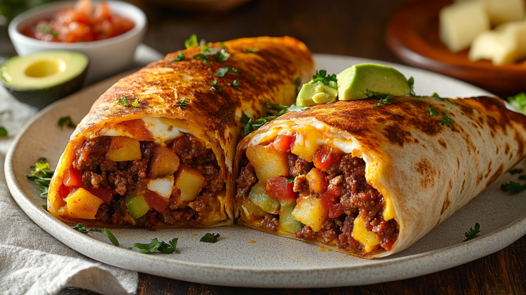 Freshly made chorizo breakfast burrito cut in half, showcasing layers of eggs, potatoes, spicy chorizo, melted cheese, and vegetables, served with salsa and avocado on a plate