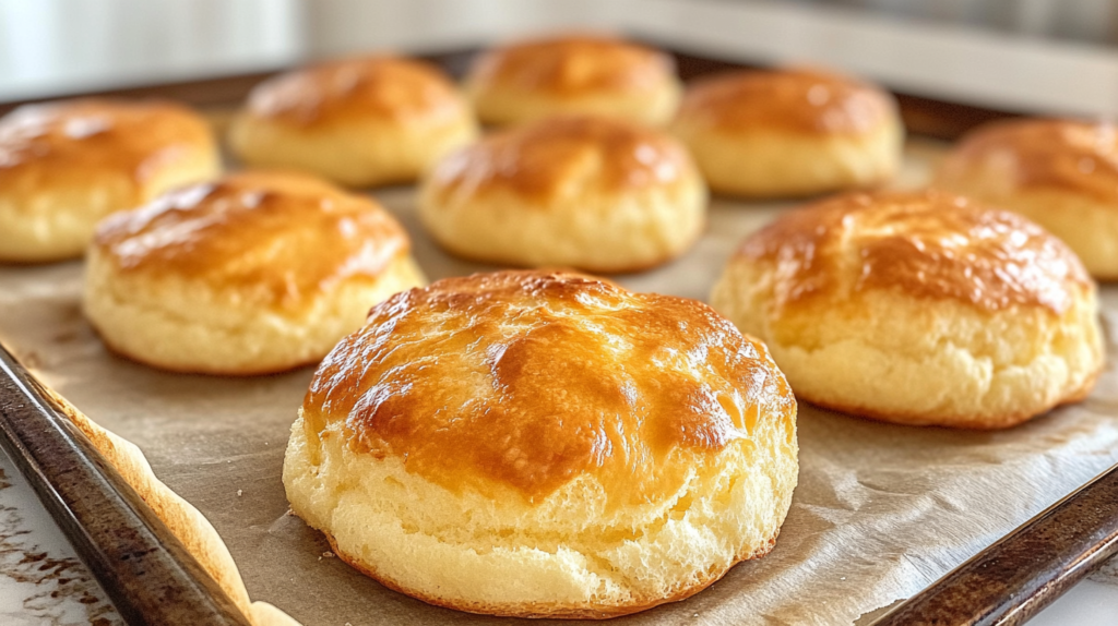 Freshly baked cloud bread on a parchment-lined baking sheet, golden and fluffy, perfect for a low-carb, gluten-free recipe.