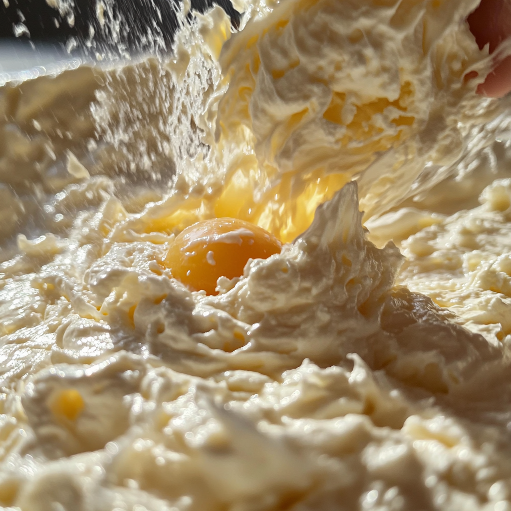 Preparing cloud bread batter with whipped egg whites and yolk mixture being folded together, showing the key steps for making this keto-friendly bread.
