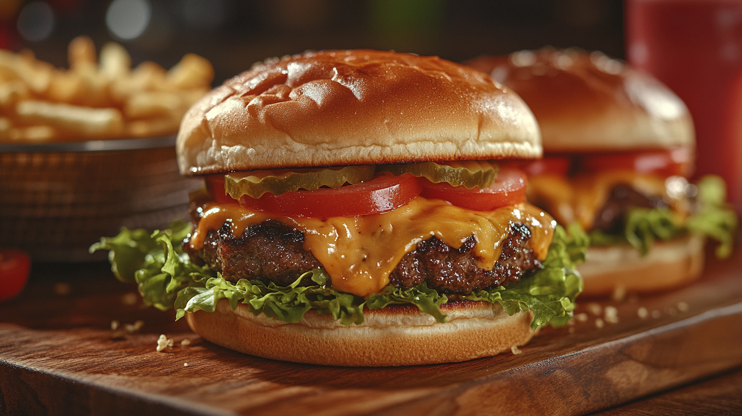 Plate of freshly made Smashburger Sliders with melted cheese, lettuce, tomato, and pickles on toasted brioche buns, served on a wooden board.