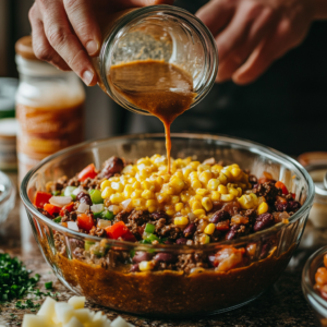 Preparation of cowboy cornbread casserole, showing hands pouring cornbread batter over a savory filling of ground beef, beans, and tomatoes in a baking dish.