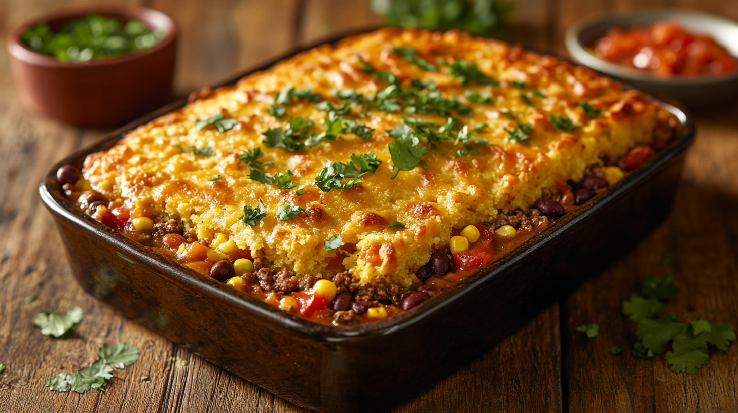 Freshly baked cowboy cornbread casserole with golden cornbread topping and a savory filling of ground beef, beans, corn, and tomatoes on a rustic table.