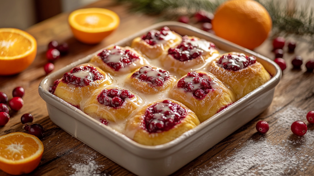 reshly baked cranberry orange sweet rolls with glossy citrus glaze in a ceramic baking dish, surrounded by cranberries and an orange, showcasing the final recipe.