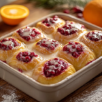 reshly baked cranberry orange sweet rolls with glossy citrus glaze in a ceramic baking dish, surrounded by cranberries and an orange, showcasing the final recipe.