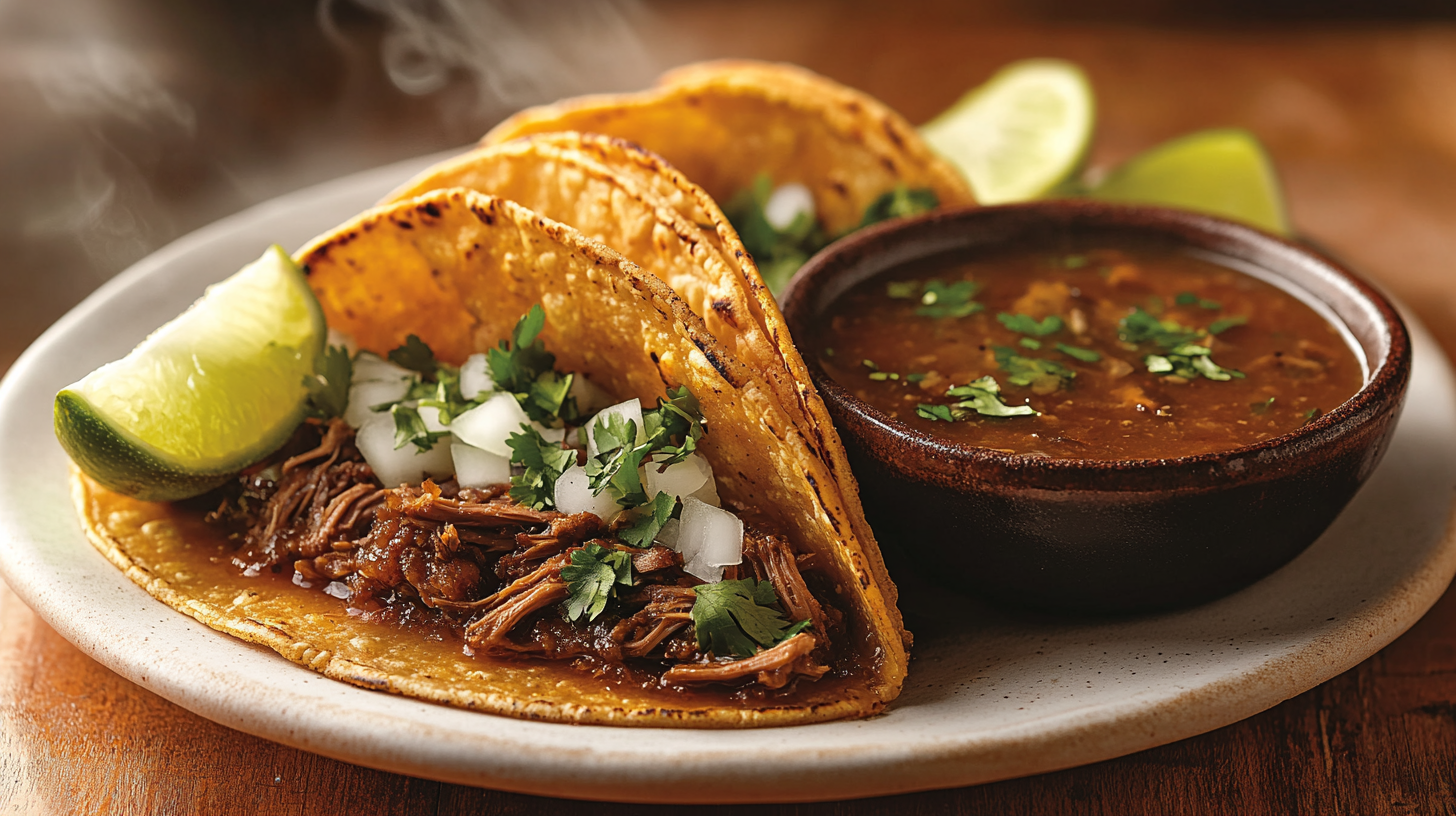 Final dish of crispy birria tacos with consommé, topped with cilantro and onions, served with lime wedges and a dipping bowl of broth.