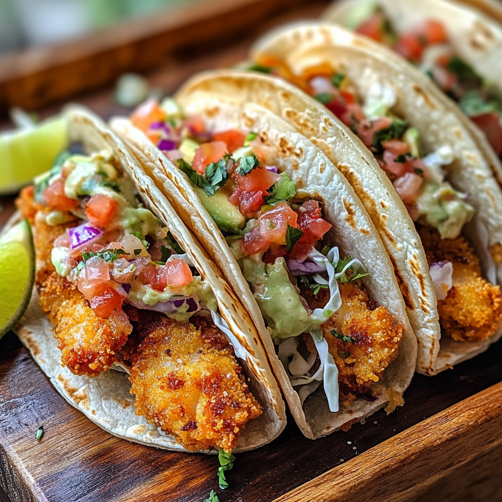 Close-up of crispy fish tacos with golden fried fish, shredded cabbage, pico de gallo, avocado slices, and lime crema in corn tortillas.