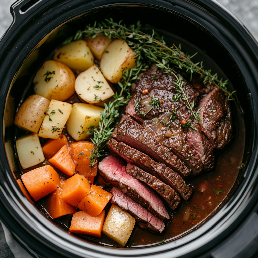 Uncooked Crock Pot Roast recipe with seasoned beef, chopped potatoes, carrots, and onions arranged in a slow cooker with fresh rosemary and thyme