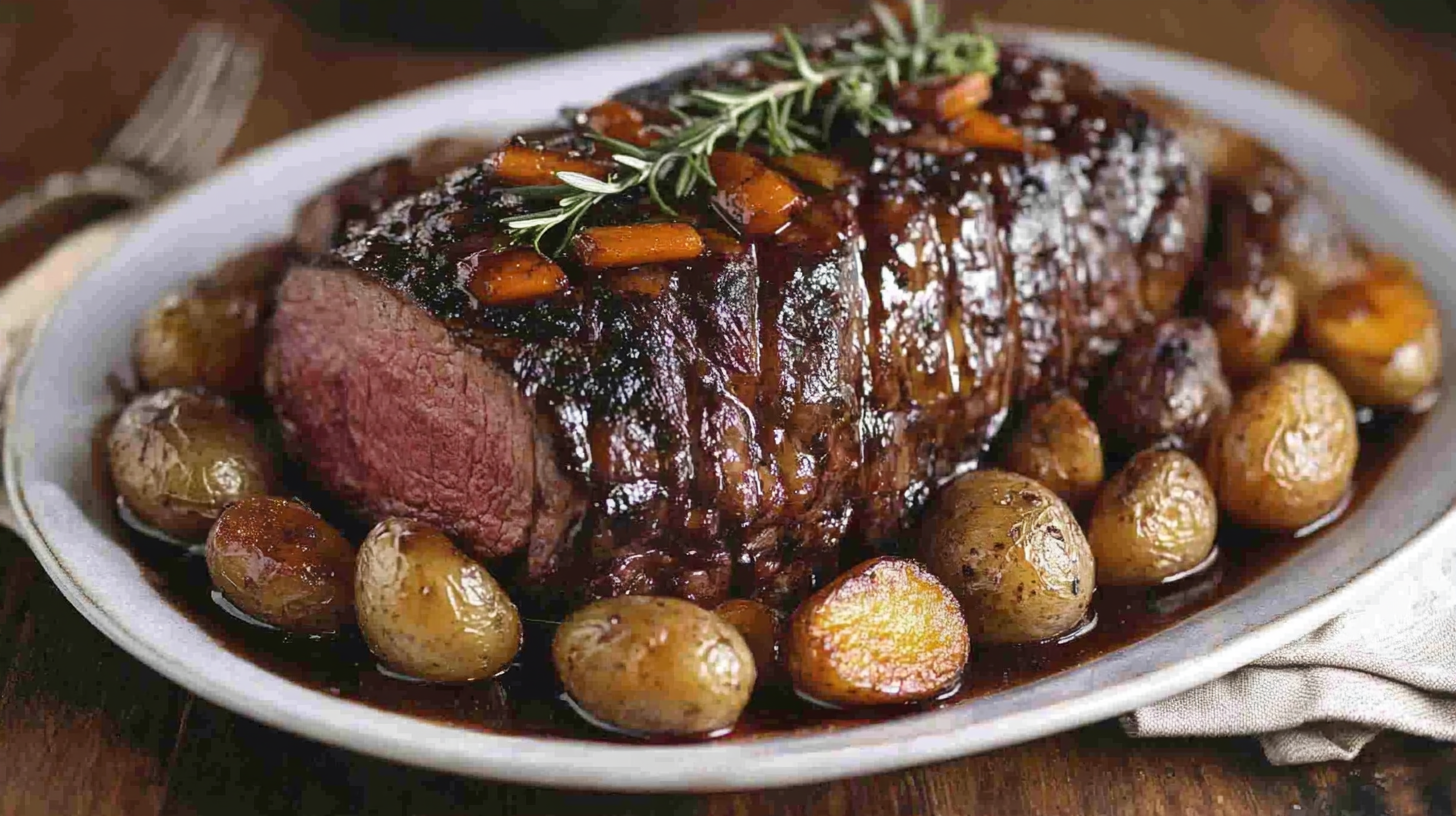 Plated Crock Pot Roast recipe with tender beef, golden potatoes, glazed carrots, and caramelized onions garnished with rosemary and thyme