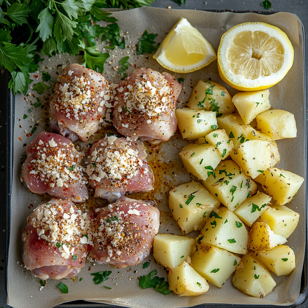 Preparation of Garlic Parmesan Chicken and Potatoes with raw chicken thighs and diced potatoes seasoned with garlic, Parmesan, and herbs on a baking sheet.