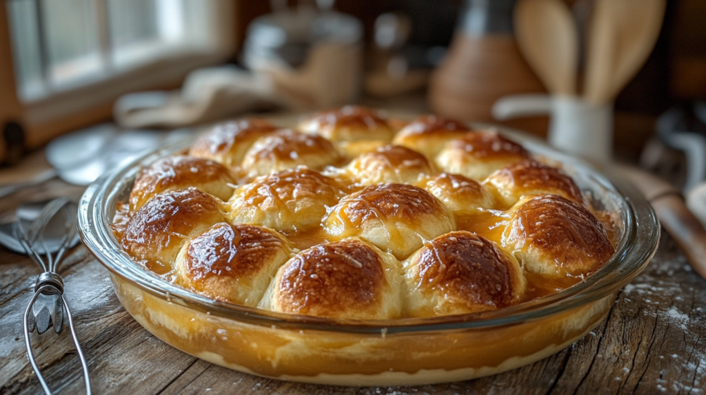 Freshly baked Butterscotch Pudding Caramel Rolls in a glass dish, golden brown and covered in gooey caramel sauce.