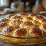 Freshly baked Butterscotch Pudding Caramel Rolls in a glass dish, golden brown and covered in gooey caramel sauce.