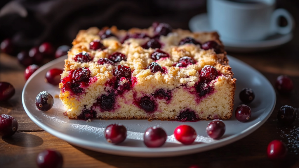 Freshly baked Cranberry Coffee Cake cut into squares, showing vibrant cranberries and a golden streusel topping on a white plate with a cup of coffee