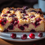 Freshly baked Cranberry Coffee Cake cut into squares, showing vibrant cranberries and a golden streusel topping on a white plate with a cup of coffee