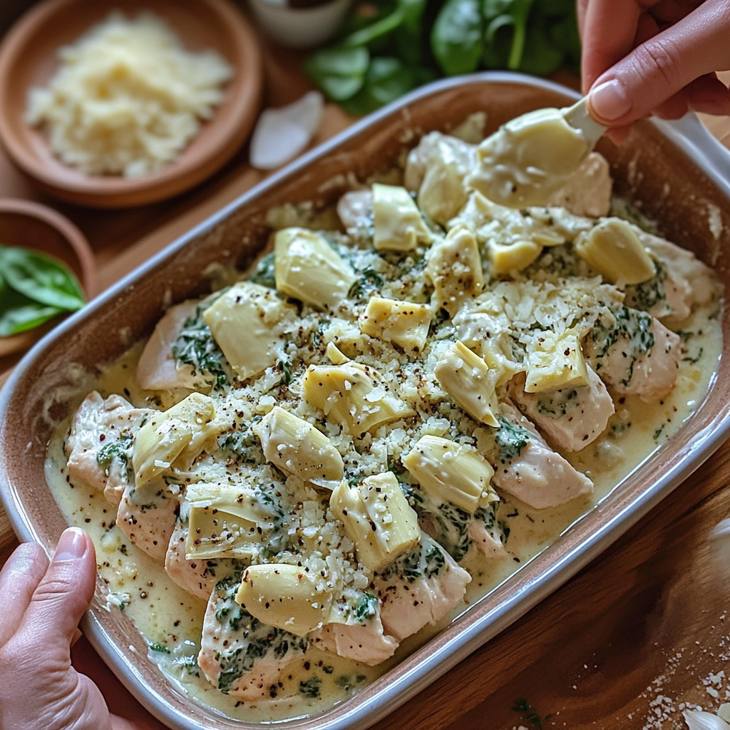 Hands spreading a creamy spinach and artichoke mixture over raw, seasoned chicken breasts in a baking dish. The image captures the preparation process of spinach artichoke chicken bake, with fresh ingredients on a wooden countertop.