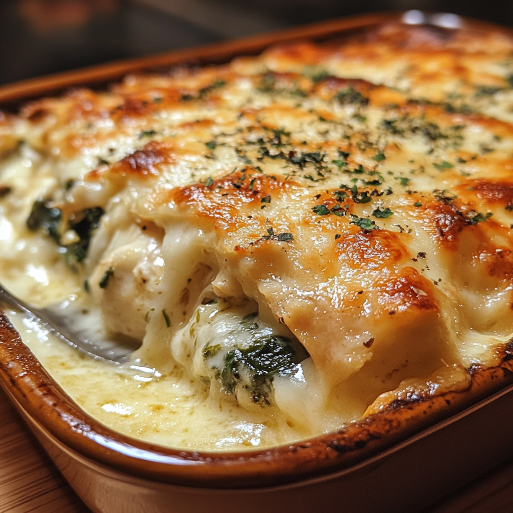 Close-up of a freshly baked spinach artichoke chicken bake with golden, bubbly cheese on top, served in a rustic ceramic dish. A spoon scoops out a creamy, cheesy portion, revealing tender chicken with spinach and artichoke filling.