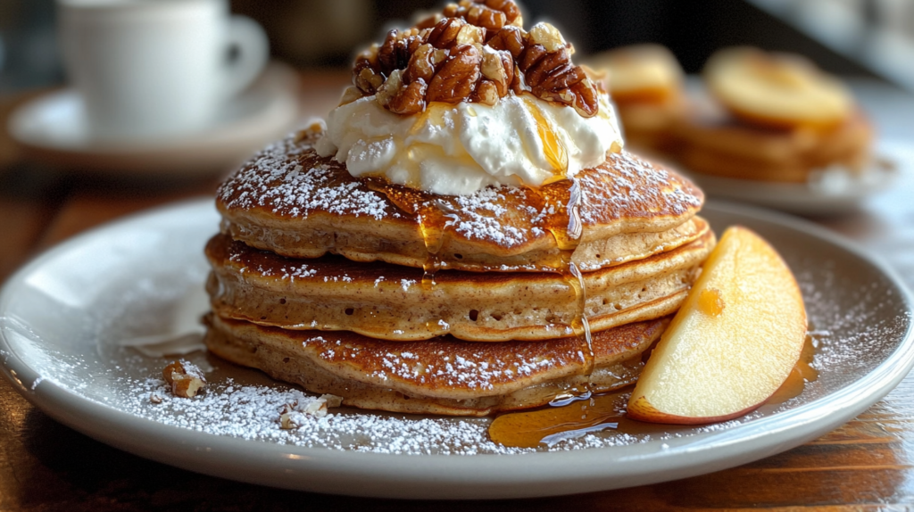 A stack of gingerbread pancakes topped with maple syrup, whipped cream, powdered sugar, caramelized apple slices, and crushed pecans, served on a rustic wooden table.