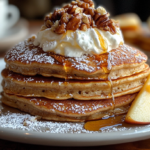 A stack of gingerbread pancakes topped with maple syrup, whipped cream, powdered sugar, caramelized apple slices, and crushed pecans, served on a rustic wooden table.