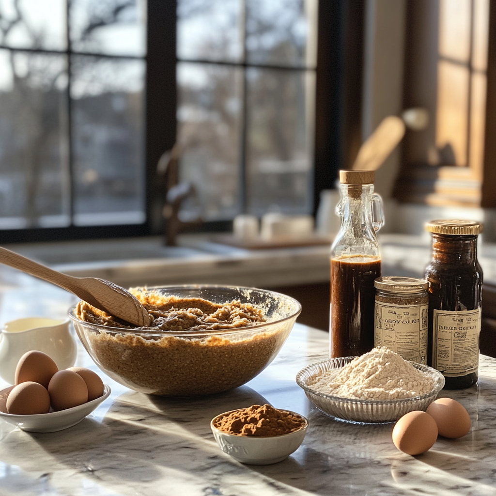 Ingredients for gingerbread pancakes, including batter in a mixing bowl, ground ginger, cinnamon, nutmeg, molasses, eggs, butter, and flour, arranged on a kitchen counter.