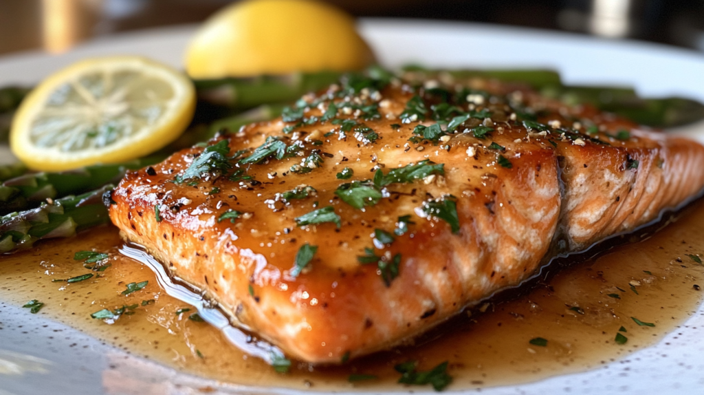 Freshly cooked honey garlic salmon served on a white plate, glazed with honey garlic sauce and garnished with parsley, alongside roasted asparagus and lemon.