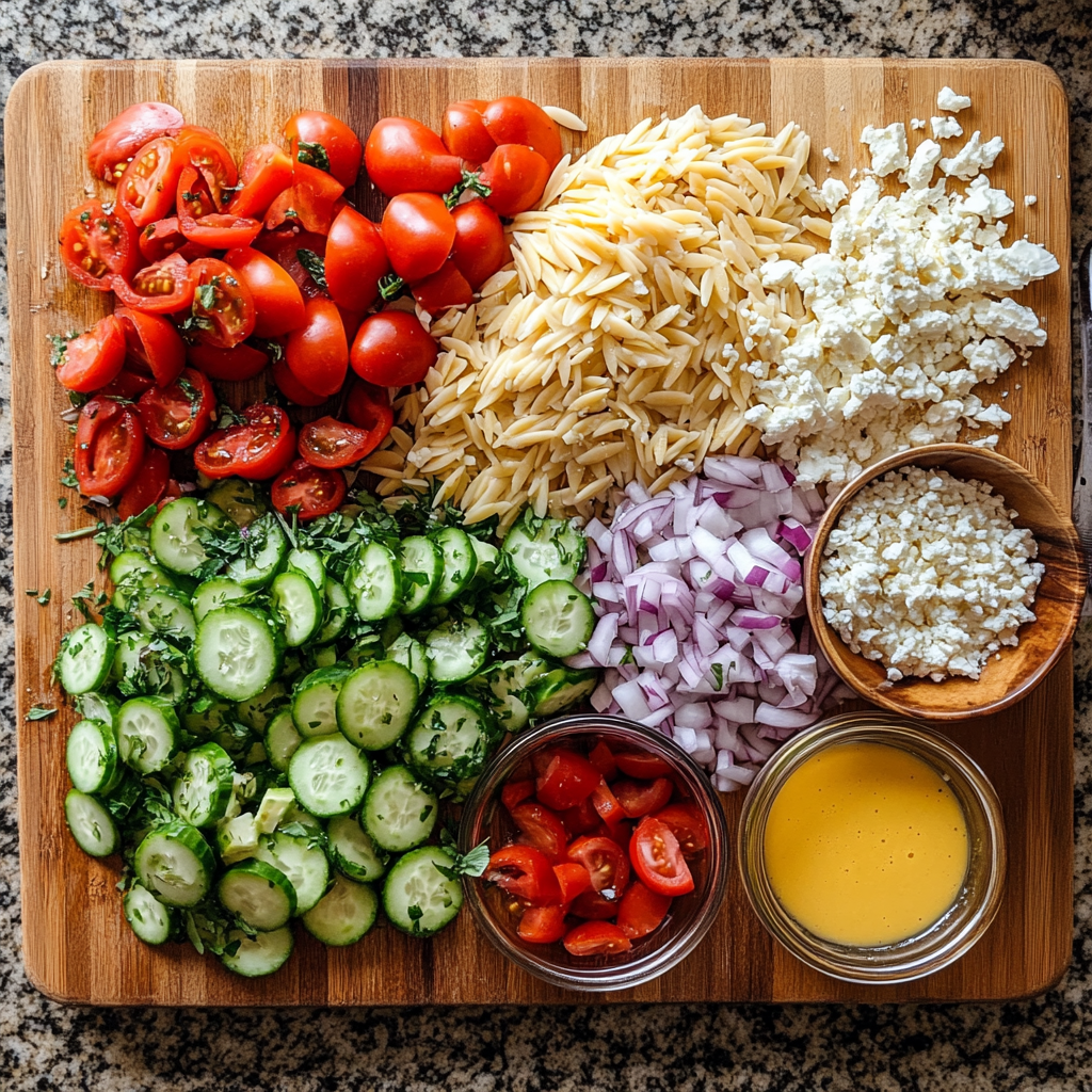 Ingredients for orzo pasta salad with chicken, including chopped vegetables, cooked orzo pasta, shredded chicken, feta cheese, and lemon vinaigrette, arranged on a wooden cutting board.