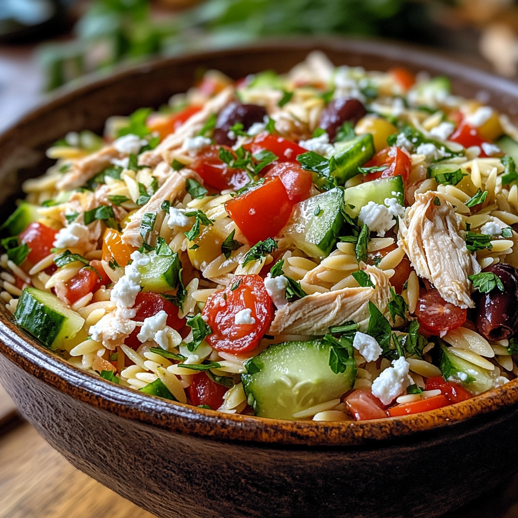 A freshly made orzo pasta salad with chicken in a rustic ceramic bowl, featuring cherry tomatoes, cucumbers, red bell peppers, olives, feta cheese, and parsley, drizzled with a lemon vinaigrette.