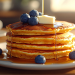 Stack of golden-brown cornmeal pancakes topped with blueberries and maple syrup on a rustic plate, perfect for breakfast.