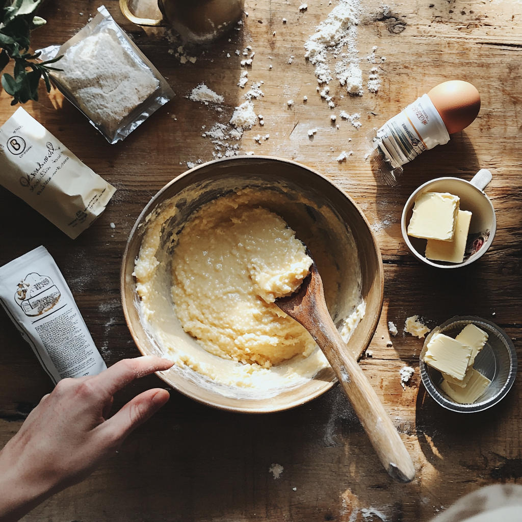 Mixing bowl with cornmeal pancake batter being stirred, surrounded by ingredients like cornmeal, eggs, and milk on a wooden countertop.