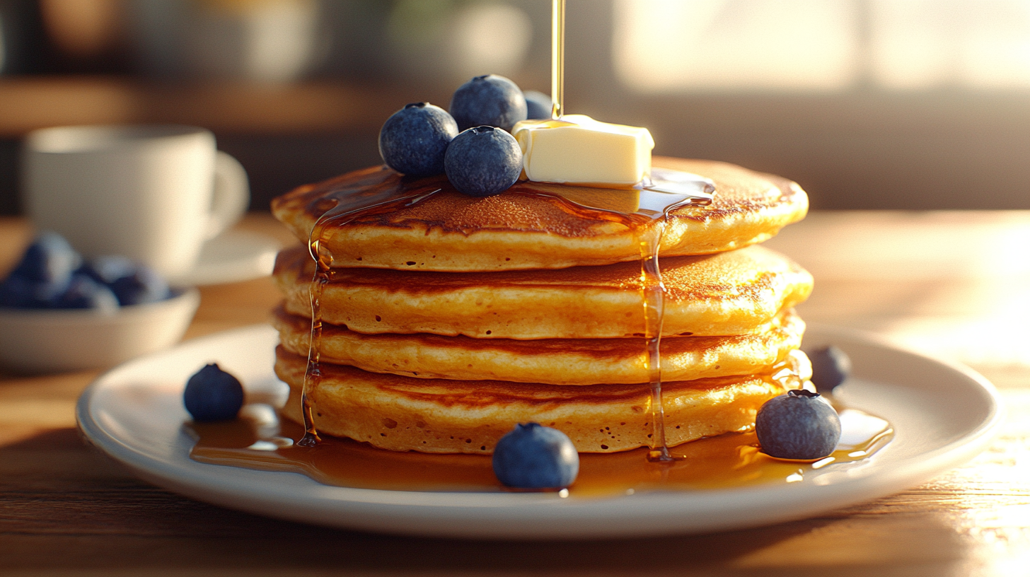 Stack of golden-brown cornmeal pancakes topped with blueberries and maple syrup on a rustic plate, perfect for breakfast.