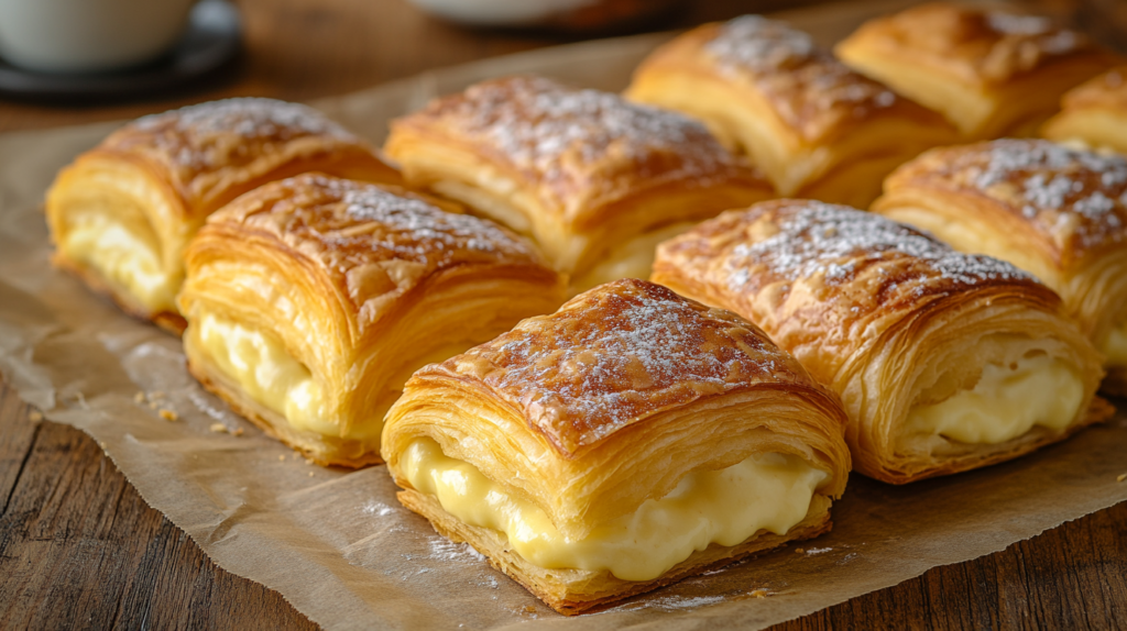 Golden-brown custard-filled croissants on a tray, dusted with powdered sugar and showcasing creamy custard filling.