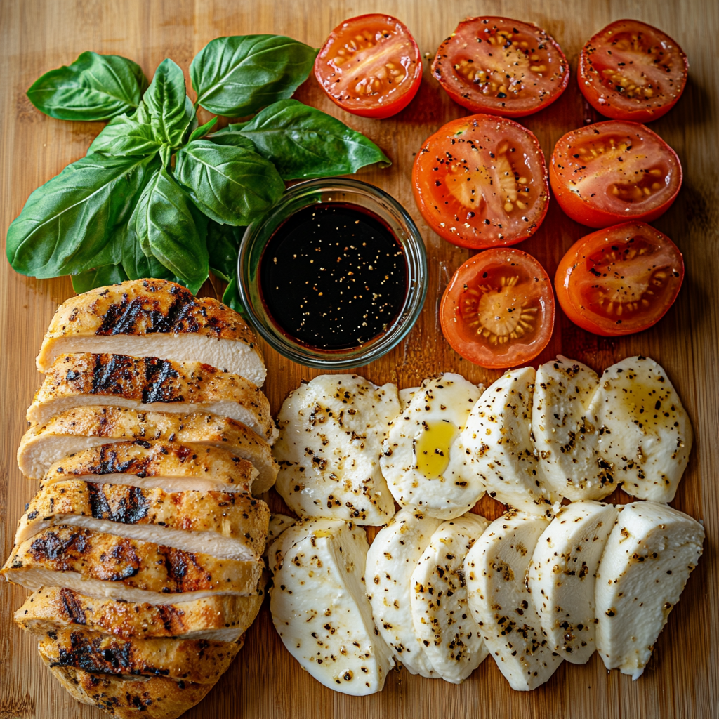 Flat-lay of chicken caprese panini ingredients: fresh mozzarella, ripe tomatoes, basil, grilled chicken, ciabatta bread, olive oil, and balsamic glaze.