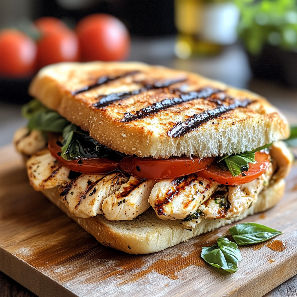 A freshly grilled chicken caprese panini with golden ciabatta bread, melted mozzarella, juicy tomatoes, basil, and balsamic glaze, served on a wooden cutting board