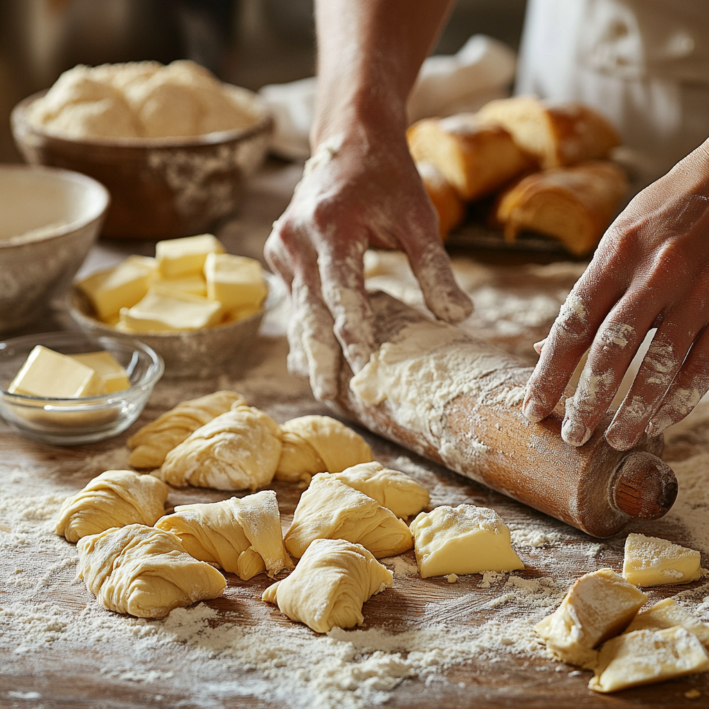 Hands shaping croissant dough into crescents on a floured surface, preparing for custard-filled croissants.