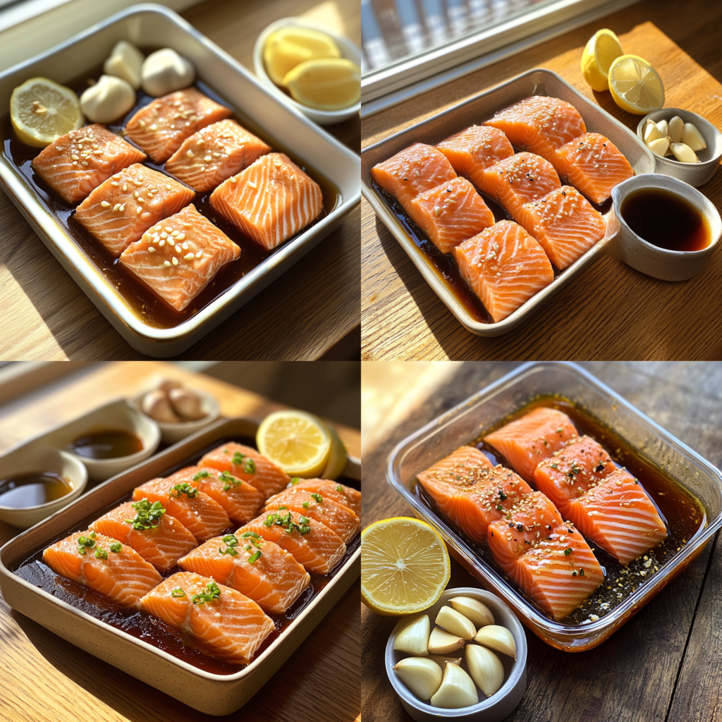 Raw salmon fillets marinating in a honey garlic sauce with garlic cloves, soy sauce, honey, and a lemon wedge on a wooden kitchen countertop.