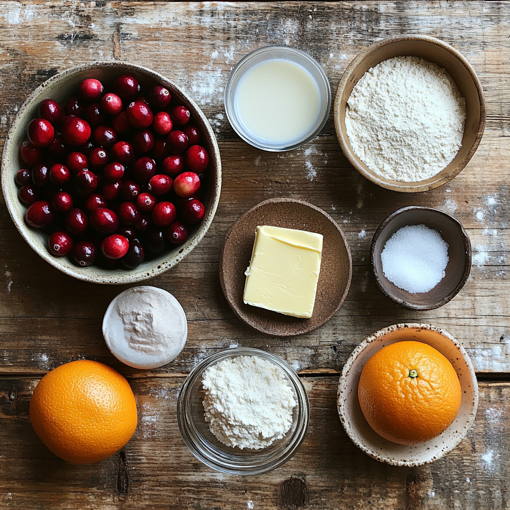 Flat-lay of ingredients for cranberry orange sweet rolls, including fresh cranberries, an orange, flour, butter, sugar, milk, and yeast on a wooden surface.