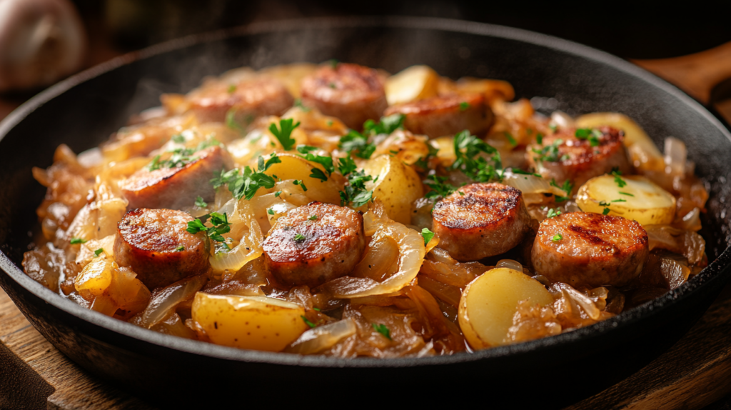 Final sauerkraut skillet served in a cast-iron pan with sausage, potatoes, and sauerkraut, garnished with parsley for a hearty dinner recipe.