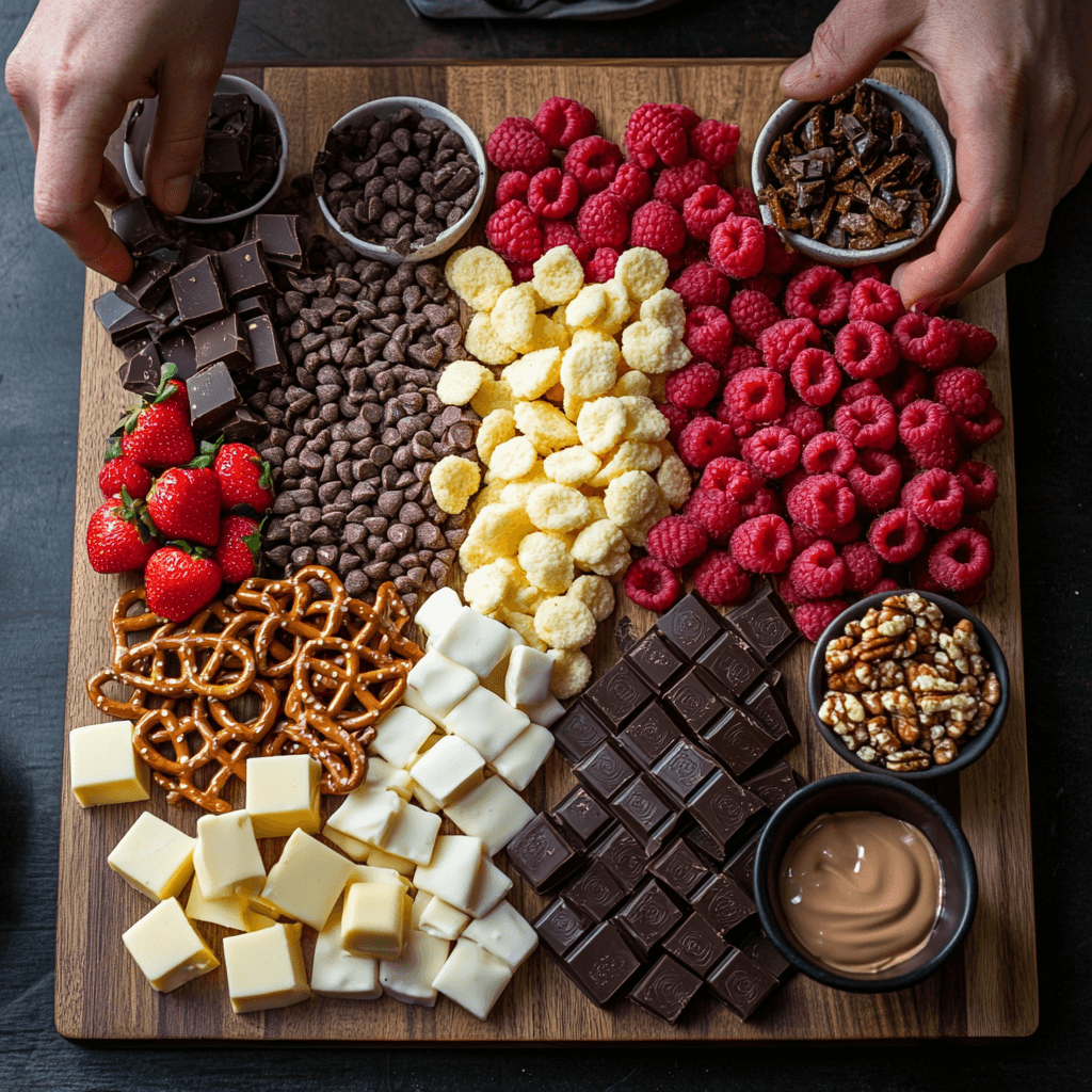 Hands assembling a chocolate charcuterie board with chocolates, fresh fruits, nuts, pretzels, and small bowls of chocolate ganache on a wooden board
