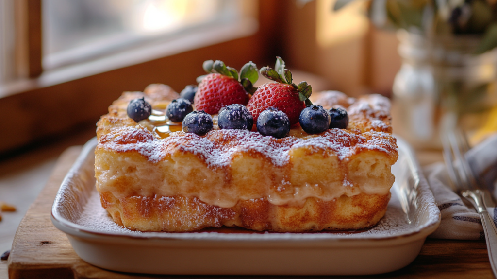 Freshly baked overnight French toast casserole topped with powdered sugar, fresh berries, and maple syrup in a rustic kitchen setting.