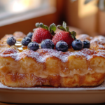 Freshly baked overnight French toast casserole topped with powdered sugar, fresh berries, and maple syrup in a rustic kitchen setting.