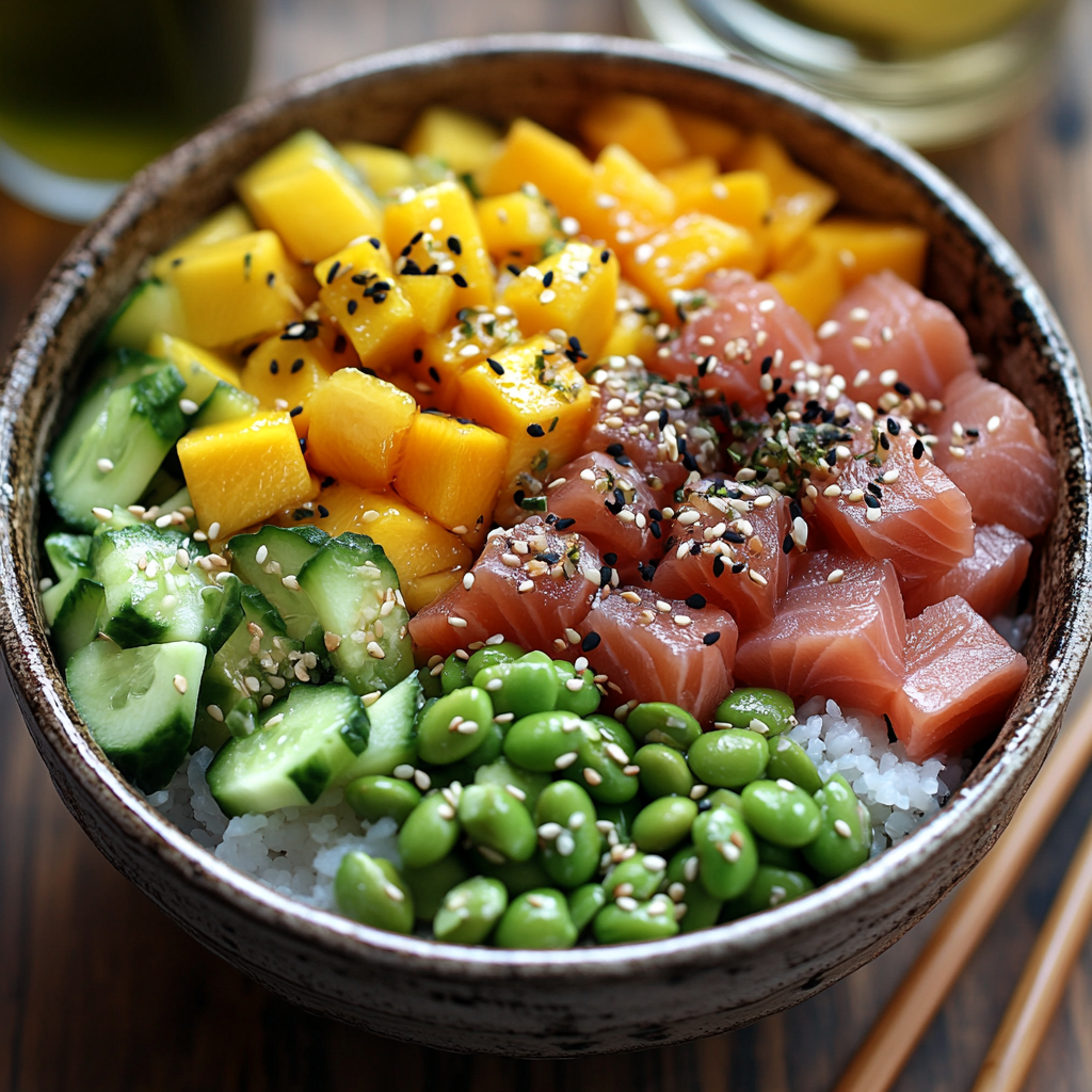 Freshly made poke sushi bowl with sushi rice, marinated ahi tuna, salmon, avocado, mango, edamame, cucumber, and pickled ginger, garnished with sesame seeds and nori flakes. A restaurant-quality dish served in a ceramic bowl with chopsticks, perfect for a healthy and flavorful meal